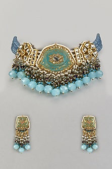 Gold Finish Blue Agate Stone & Pearl Meenakari Choker Necklace Set