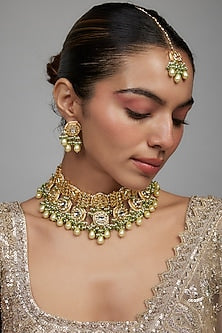 Gold Finish Green Agate Stone & Pearl Meenakari Choker Necklace Set