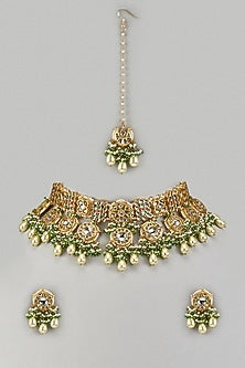 Gold Finish Green Agate Stone & Pearl Meenakari Choker Necklace Set