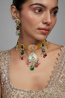 Gold Finish Yellow Agate Stone & Pearl Meenakari Choker Necklace Set