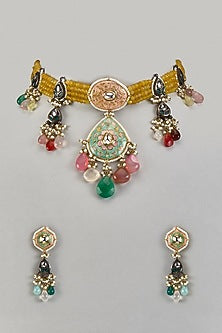 Gold Finish Yellow Agate Stone & Pearl Meenakari Choker Necklace Set