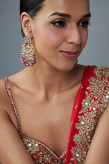 Gold Finish Pink Agate Stone & Pearl Meenakari Dangler Earrings