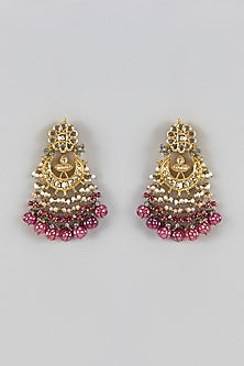 Gold Finish Pink Agate Stone & Pearl Meenakari Dangler Earrings