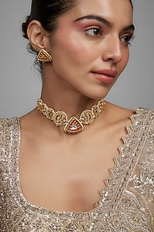 Gold Finish White Agate Stone & Pearl Meenakari Choker Necklace Set