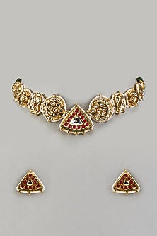 Gold Finish White Agate Stone & Pearl Meenakari Choker Necklace Set