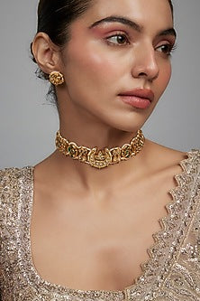 Gold Finish White Agate Stone & Pearl Meenakari Choker Necklace Set