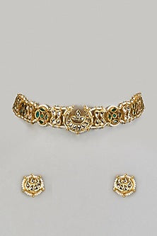 Gold Finish White Agate Stone & Pearl Meenakari Choker Necklace Set