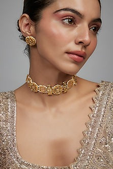 Gold Finish White Agate Stone & Pearl Meenakari Choker Necklace Set