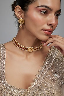 Gold Finish Red Kundan Polki & Pearl Meenakari Choker Necklace Set