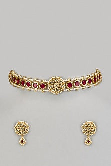 Gold Finish Red Kundan Polki & Pearl Meenakari Choker Necklace Set