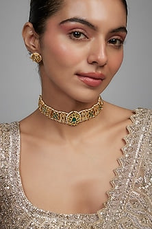 Gold Finish Green Kundan Polki & Pearl Meenakari Choker Necklace Set