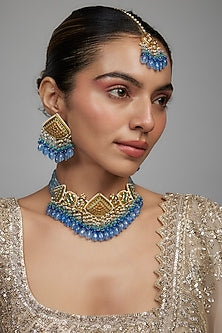 Gold Finish Blue Agate Stone & Pearl Meenakari Choker Necklace Set