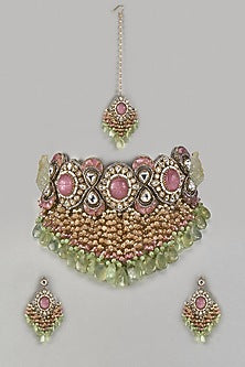 White Finish Pink Agate Stone & Pearl Choker Necklace Set