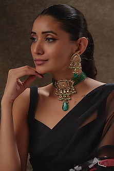 Gold Finish Natural Green Stone Meenakari Choker Necklace Set