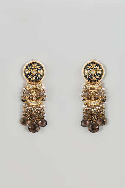 Gold Finish Black Onyx & Pearl Meenakari Dangler Earrings