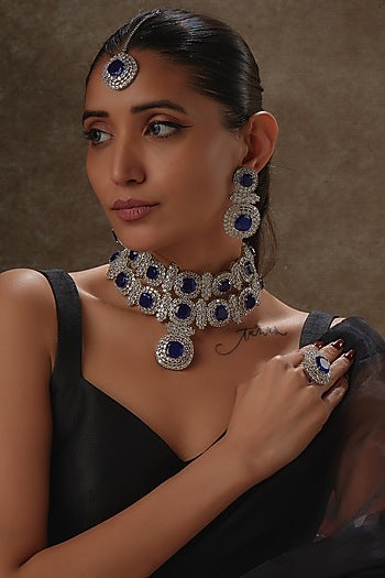 White Finish American Diamond Choker Necklace Set