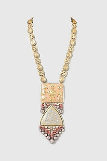 Gold Finish Kundan Polki & Orange Stone Enamelled Long Necklace