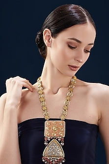 Gold Finish Kundan Polki & Orange Stone Enamelled Long Necklace