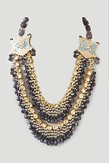 Gold Finish Kundan Polki & Blue Stone Meenakari Necklace