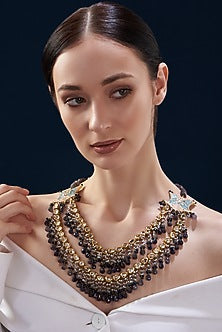 Gold Finish Kundan Polki & Blue Stone Meenakari Necklace