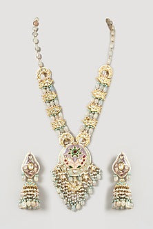 Gold Finish Kundan Polki & Grey Moonstone Meenakari Long Necklace Set