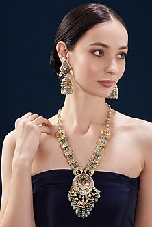 Gold Finish Kundan Polki & Grey Moonstone Meenakari Long Necklace Set