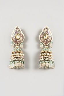 Gold Finish Kundan Polki & Grey Moonstone Meenakari Long Necklace Set