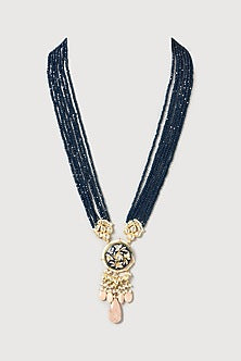 Gold Finish Kundan Polki & Jasper Stone Enamelled Long Necklace