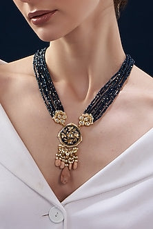 Gold Finish Kundan Polki & Jasper Stone Enamelled Long Necklace