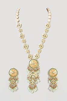 Gold Finish Kundan Polki & Natural Stone Meenakari Long Necklace Set