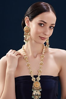 Gold Finish Kundan Polki & Natural Stone Meenakari Long Necklace Set