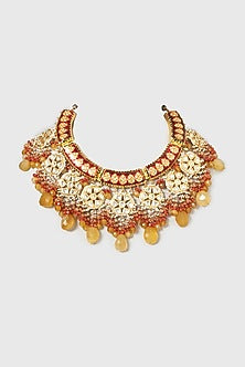 Gold Finish Kundan Polki & Jasper Stone Enamelled Choker Necklace