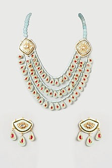 Gold Finish Kundan Polki & Aqua Stone Meenakari Long Necklace Set