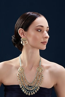 Gold Finish Kundan Polki & Aqua Stone Meenakari Long Necklace Set
