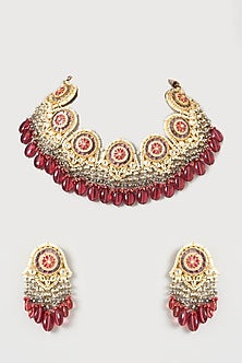 Gold Finish Ruby Faceted Stone Enamelled Necklace Set