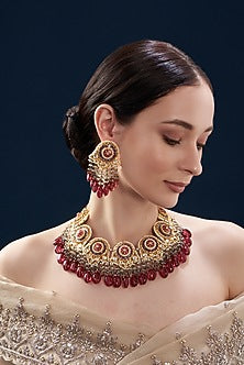 Gold Finish Ruby Faceted Stone Enamelled Necklace Set