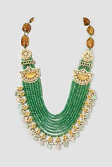 Gold Finish Yellow Carved & Emerald Stone Enamelled Long Necklace