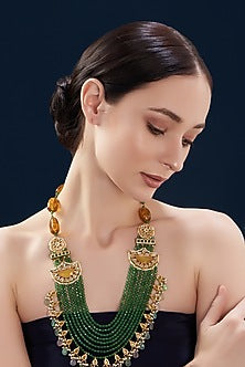 Gold Finish Yellow Carved & Emerald Stone Enamelled Long Necklace