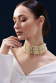 Gold Finish Shell Pearl Choker Necklace