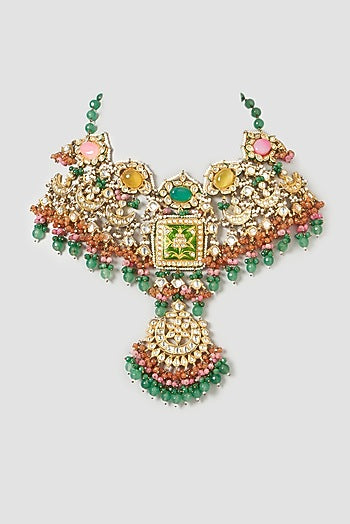 Gold Finish Kundan Polki & Emerald Stone Choker Necklace