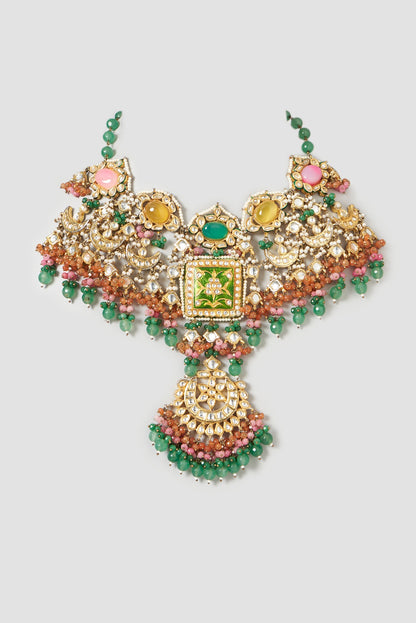 Gold Finish Kundan Polki & Emerald Stone Choker Necklace