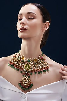 Gold Finish Kundan Polki & Emerald Stone Choker Necklace