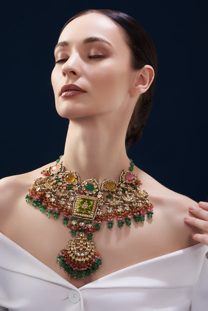 Gold Finish Kundan Polki & Emerald Stone Choker Necklace
