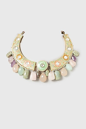 Gold Finish Multi-Colored Natural Stone Choker Necklace