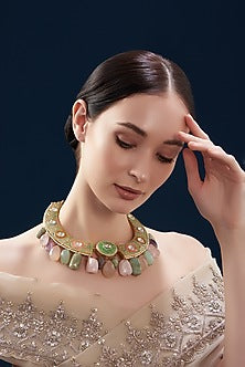 Gold Finish Multi-Colored Natural Stone Choker Necklace