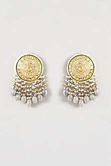 Gold Finish Grey Moonstone Meenakari Chandelier Earrings