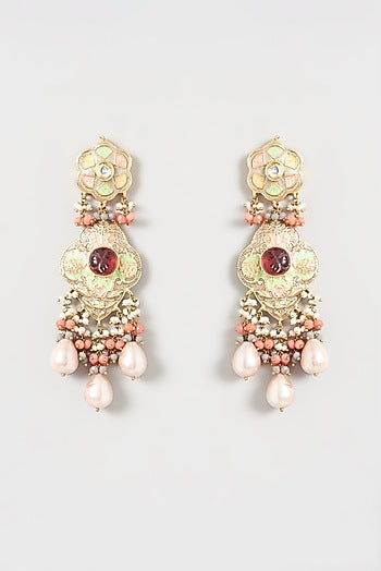Gold Finish Kundan Polki & Baroque Pearl Meenakari Chandelier Earrings