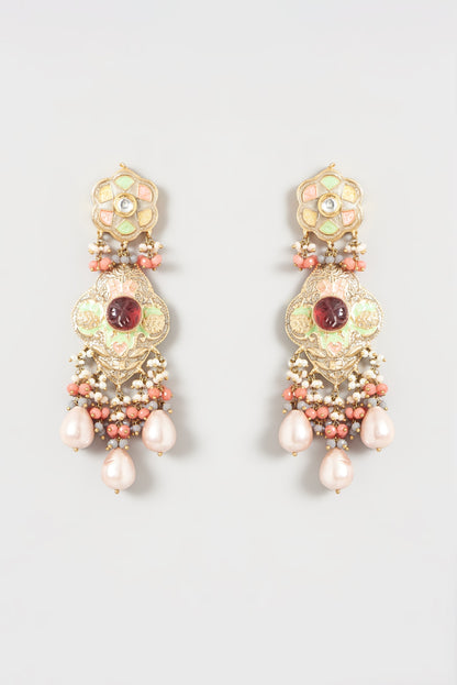 Gold Finish Kundan Polki & Baroque Pearl Meenakari Chandelier Earrings