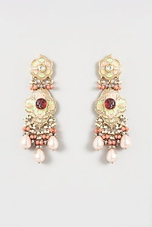 Gold Finish Kundan Polki & Baroque Pearl Meenakari Chandelier Earrings
