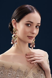 Gold Finish Kundan Polki & Baroque Pearl Meenakari Chandelier Earrings